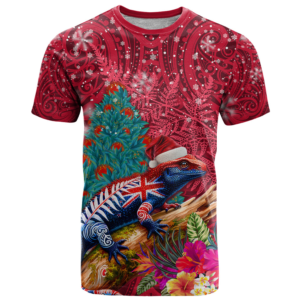 New Zealand Tuatara Christmas T Shirt Silver Fern and Xmas Pohutukawa Tree Red Color LT03 Red - Polynesian Pride