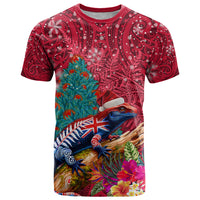 New Zealand Tuatara Christmas T Shirt Silver Fern and Xmas Pohutukawa Tree Red Color LT03 Red - Polynesian Pride