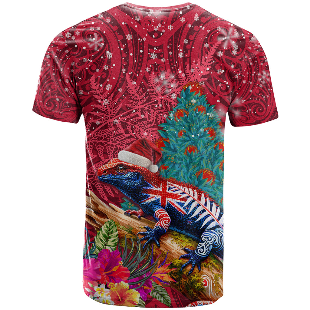New Zealand Tuatara Christmas T Shirt Silver Fern and Xmas Pohutukawa Tree Red Color LT03 - Polynesian Pride