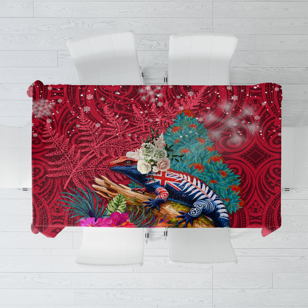 New Zealand Tuatara Christmas Tablecloth Silver Fern and Xmas Pohutukawa Tree Red Color LT03 Red - Polynesian Pride