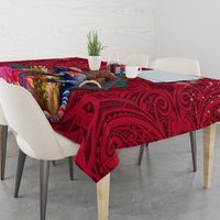New Zealand Tuatara Christmas Tablecloth Silver Fern and Xmas Pohutukawa Tree Red Color LT03 - Polynesian Pride