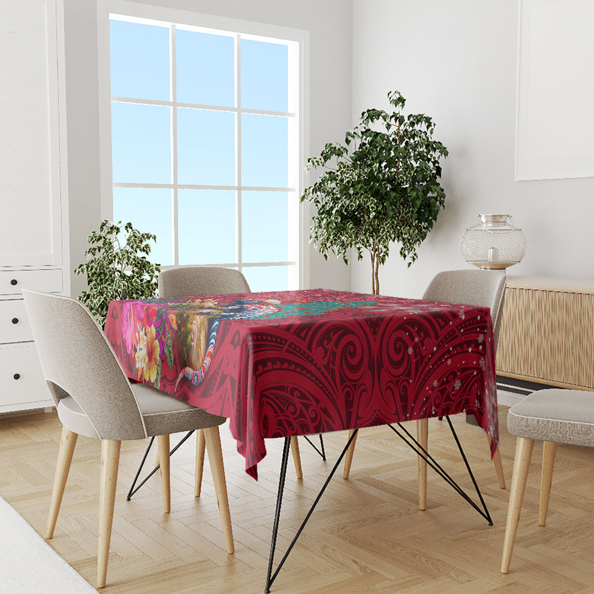 New Zealand Tuatara Christmas Tablecloth Silver Fern and Xmas Pohutukawa Tree Red Color LT03 - Polynesian Pride