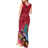 New Zealand Tuatara Christmas Tank Maxi Dress Silver Fern and Xmas Pohutukawa Tree Red Color LT03 - Polynesian Pride