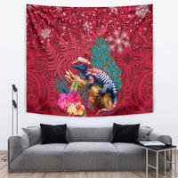 New Zealand Tuatara Christmas Tapestry Silver Fern and Xmas Pohutukawa Tree Red Color LT03 Red - Polynesian Pride