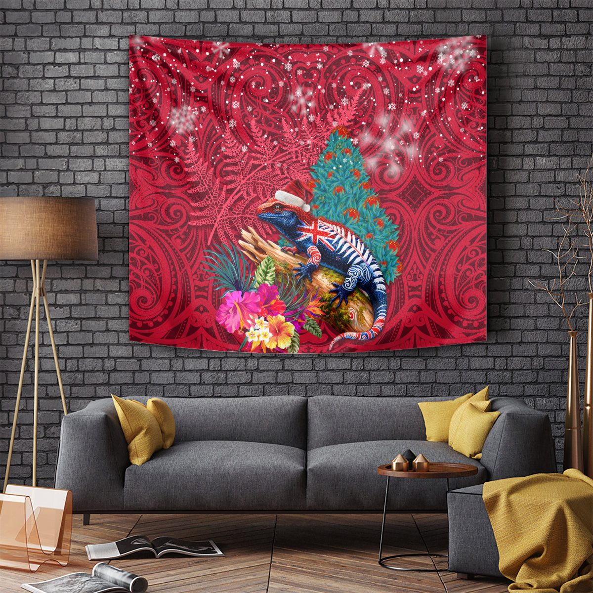 New Zealand Tuatara Christmas Tapestry Silver Fern and Xmas Pohutukawa Tree Red Color LT03 - Polynesian Pride