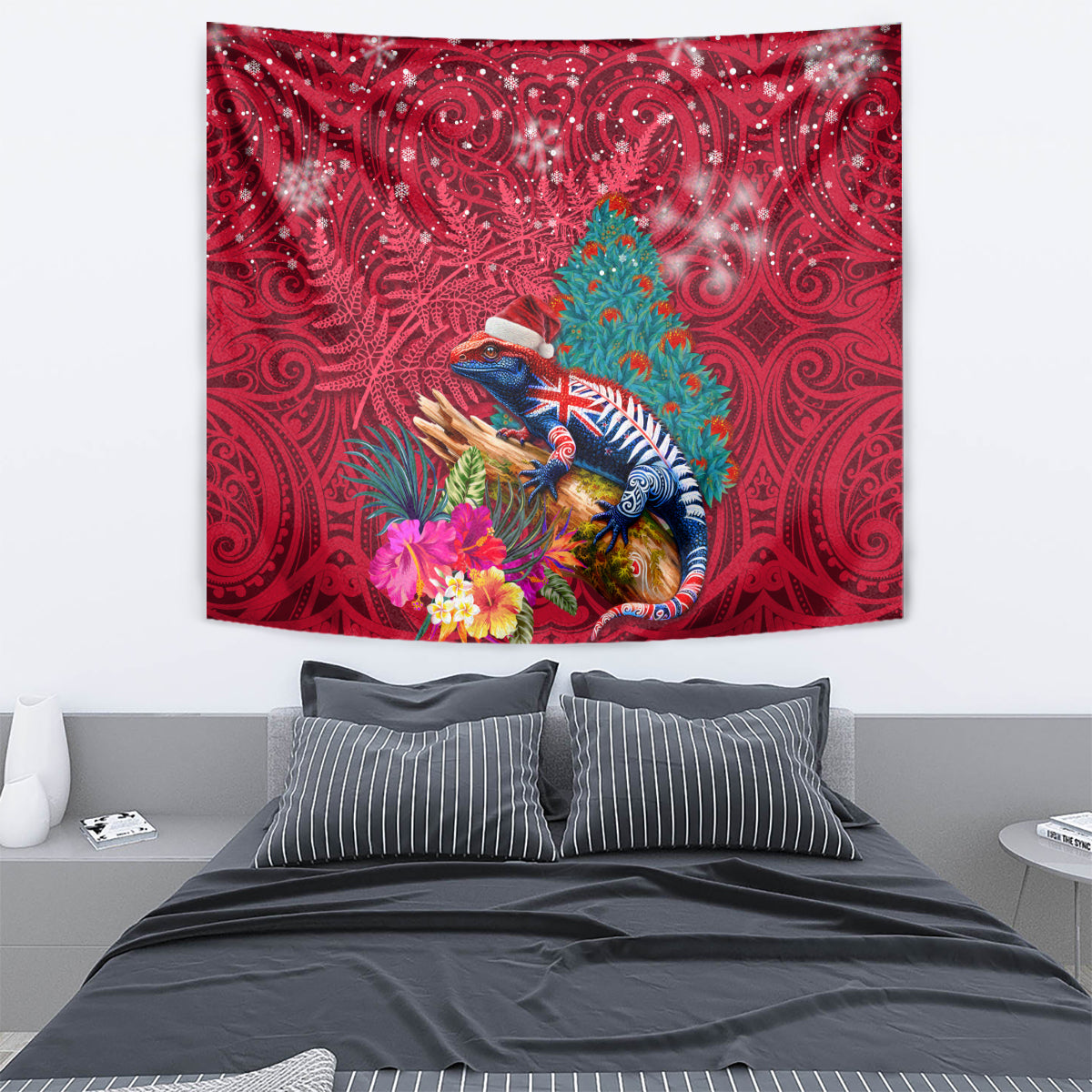 New Zealand Tuatara Christmas Tapestry Silver Fern and Xmas Pohutukawa Tree Red Color LT03 - Polynesian Pride
