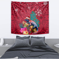 New Zealand Tuatara Christmas Tapestry Silver Fern and Xmas Pohutukawa Tree Red Color LT03 - Polynesian Pride