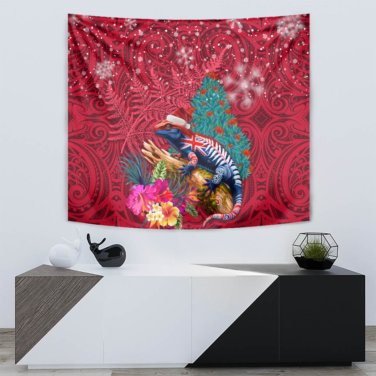 New Zealand Tuatara Christmas Tapestry Silver Fern and Xmas Pohutukawa Tree Red Color LT03 - Polynesian Pride