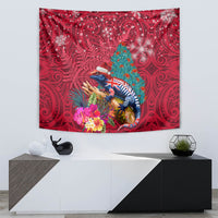 New Zealand Tuatara Christmas Tapestry Silver Fern and Xmas Pohutukawa Tree Red Color LT03 - Polynesian Pride