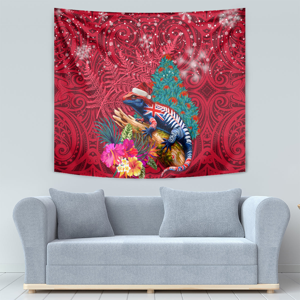 New Zealand Tuatara Christmas Tapestry Silver Fern and Xmas Pohutukawa Tree Red Color LT03 - Polynesian Pride
