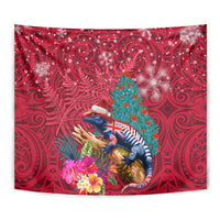 New Zealand Tuatara Christmas Tapestry Silver Fern and Xmas Pohutukawa Tree Red Color LT03 - Polynesian Pride