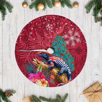 New Zealand Tuatara Christmas Tree Skirt Silver Fern and Xmas Pohutukawa Tree Red Color LT03 Casual Red - Polynesian Pride