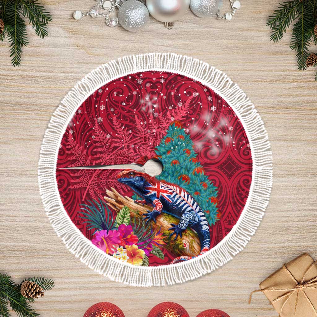 New Zealand Tuatara Christmas Tree Skirt Silver Fern and Xmas Pohutukawa Tree Red Color LT03 Fringed Red - Polynesian Pride