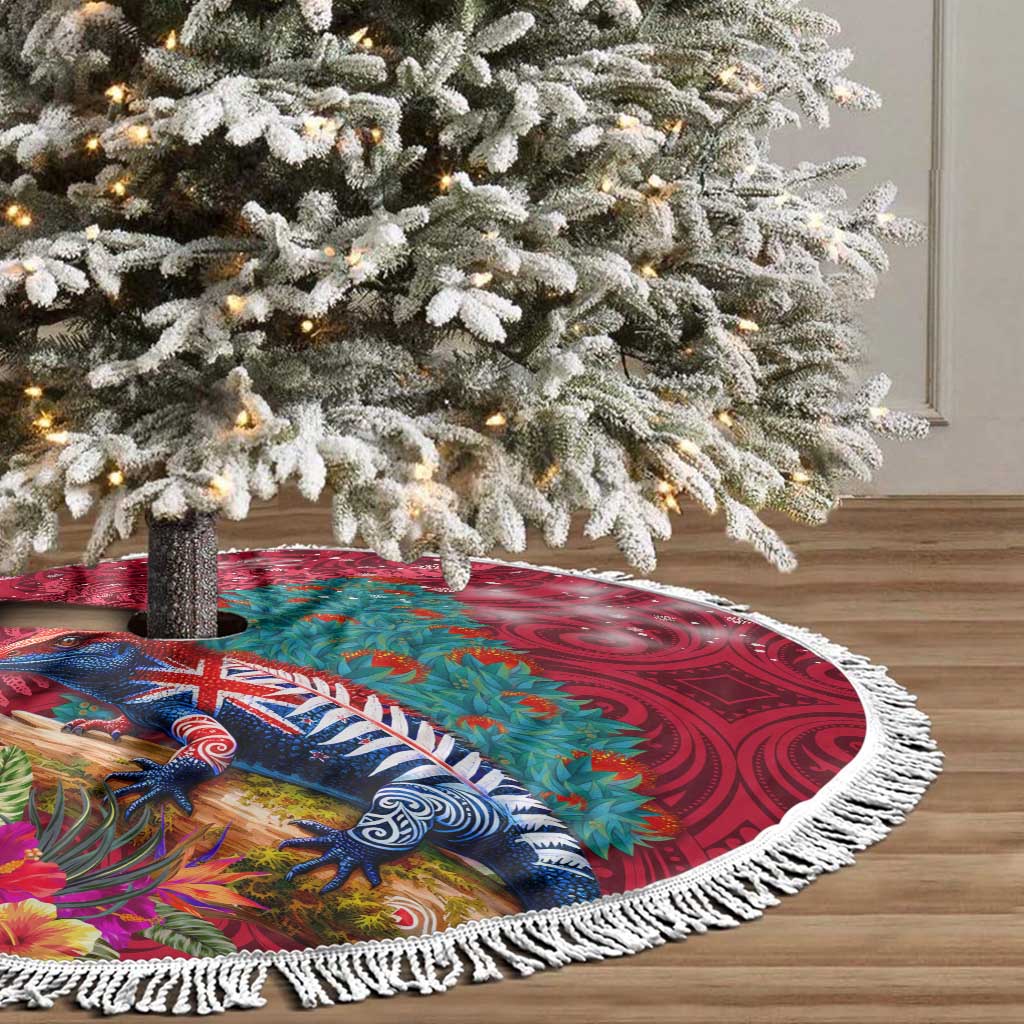 New Zealand Tuatara Christmas Tree Skirt Silver Fern and Xmas Pohutukawa Tree Red Color LT03 - Polynesian Pride