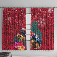 New Zealand Tuatara Christmas Window Curtain Silver Fern and Xmas Pohutukawa Tree Red Color LT03 With Hooks Red - Polynesian Pride