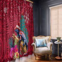 New Zealand Tuatara Christmas Window Curtain Silver Fern and Xmas Pohutukawa Tree Red Color LT03 - Polynesian Pride