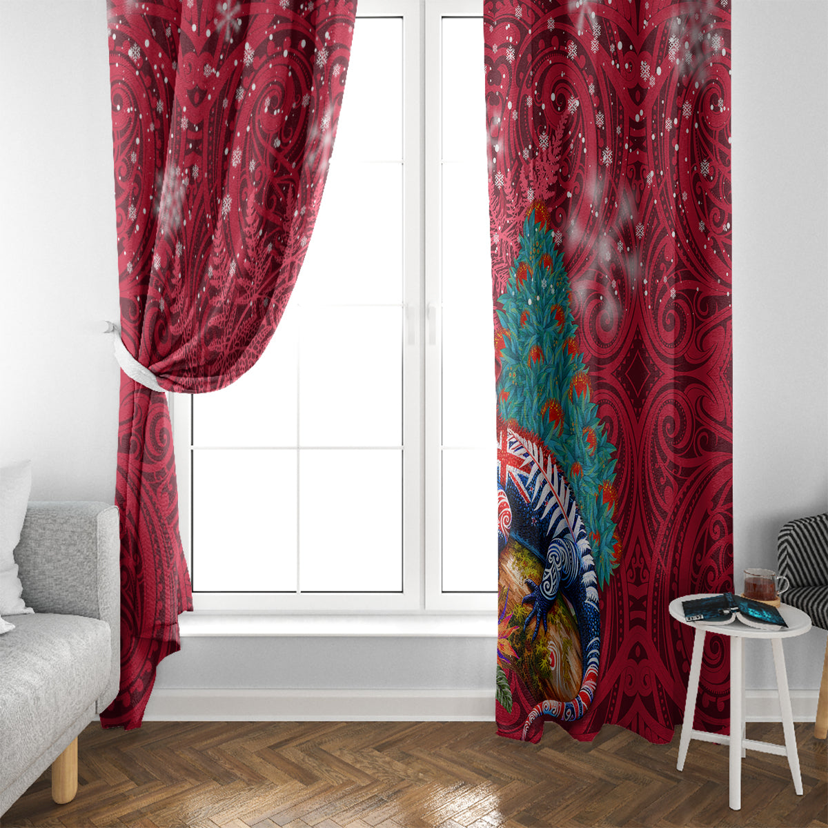 New Zealand Tuatara Christmas Window Curtain Silver Fern and Xmas Pohutukawa Tree Red Color LT03 - Polynesian Pride