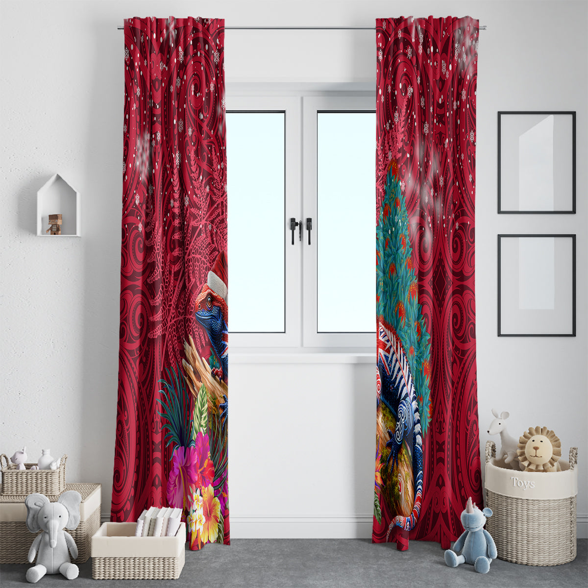 New Zealand Tuatara Christmas Window Curtain Silver Fern and Xmas Pohutukawa Tree Red Color LT03 - Polynesian Pride
