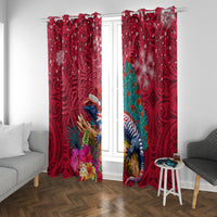 New Zealand Tuatara Christmas Window Curtain Silver Fern and Xmas Pohutukawa Tree Red Color LT03 With Grommets Red - Polynesian Pride