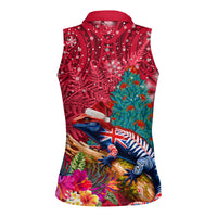 New Zealand Tuatara Christmas Women Sleeveless Polo Shirt Silver Fern and Xmas Pohutukawa Tree Red Color LT03 - Polynesian Pride