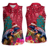 New Zealand Tuatara Christmas Women Sleeveless Polo Shirt Silver Fern and Xmas Pohutukawa Tree Red Color LT03 - Polynesian Pride