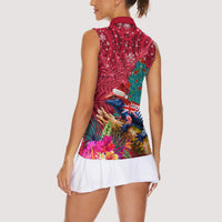 New Zealand Tuatara Christmas Women Sleeveless Polo Shirt Silver Fern and Xmas Pohutukawa Tree Red Color LT03 - Polynesian Pride