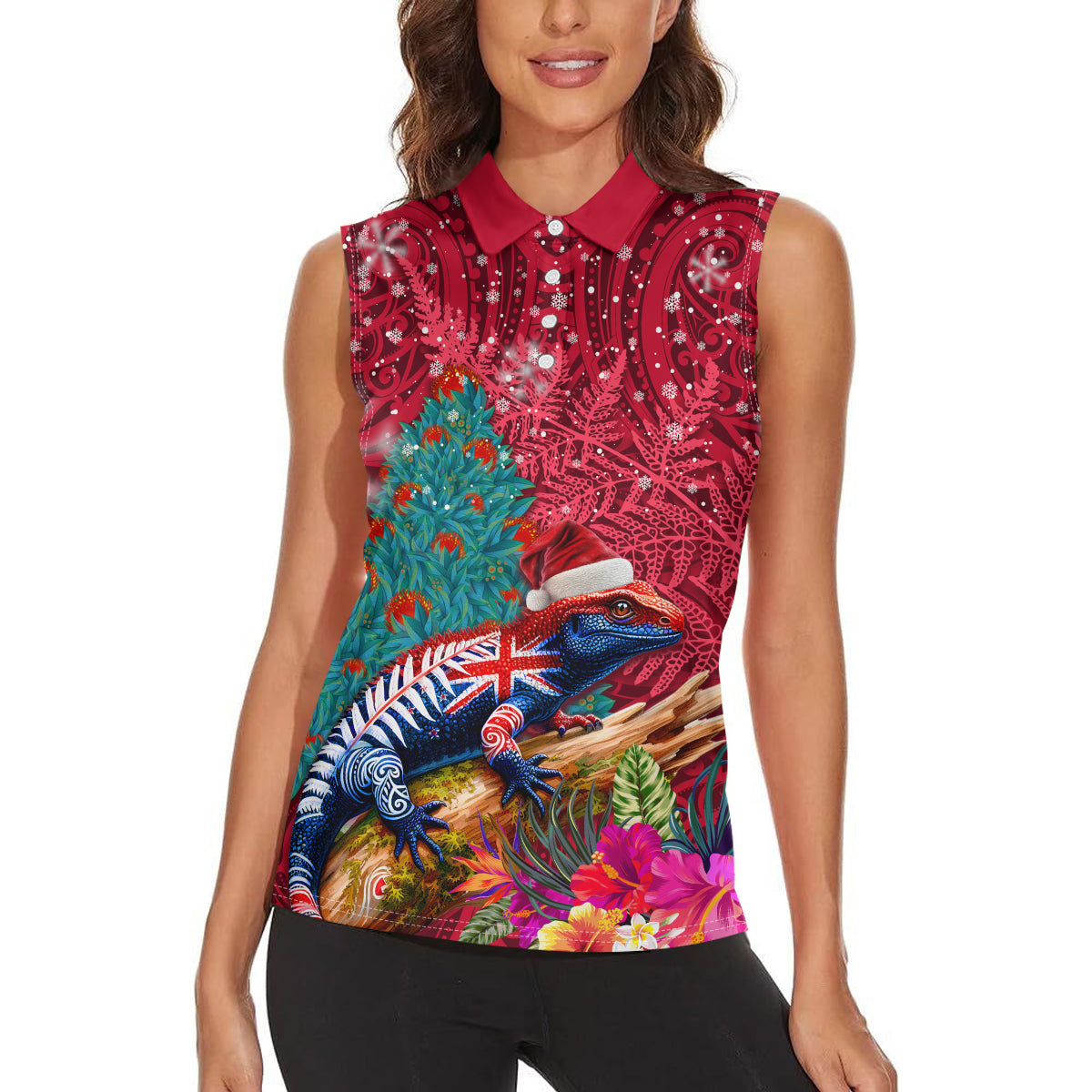 New Zealand Tuatara Christmas Women Sleeveless Polo Shirt Silver Fern and Xmas Pohutukawa Tree Red Color LT03 - Polynesian Pride