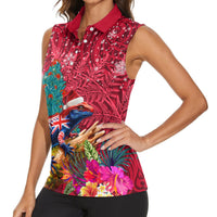 New Zealand Tuatara Christmas Women Sleeveless Polo Shirt Silver Fern and Xmas Pohutukawa Tree Red Color LT03 - Polynesian Pride