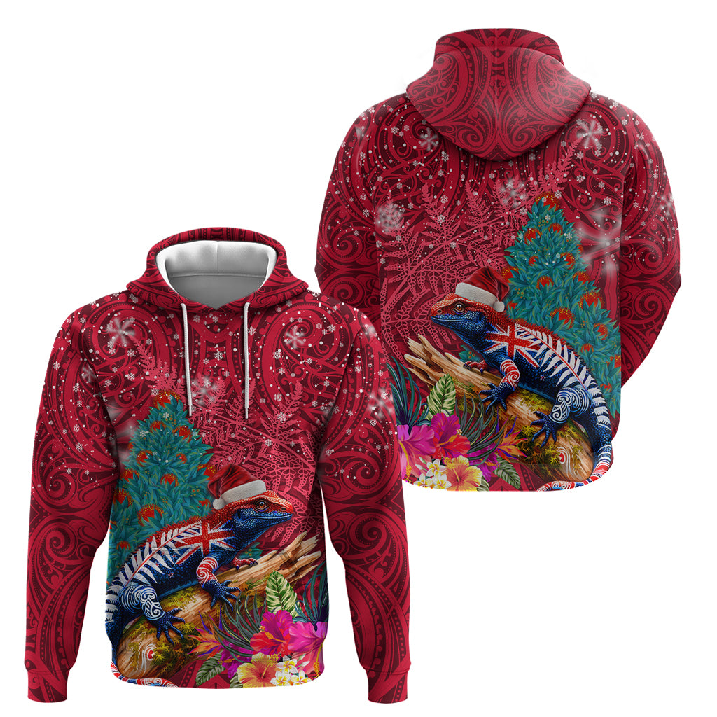 New Zealand Tuatara Christmas Zip Hoodie Silver Fern and Xmas Pohutukawa Tree Red Color LT03 - Polynesian Pride