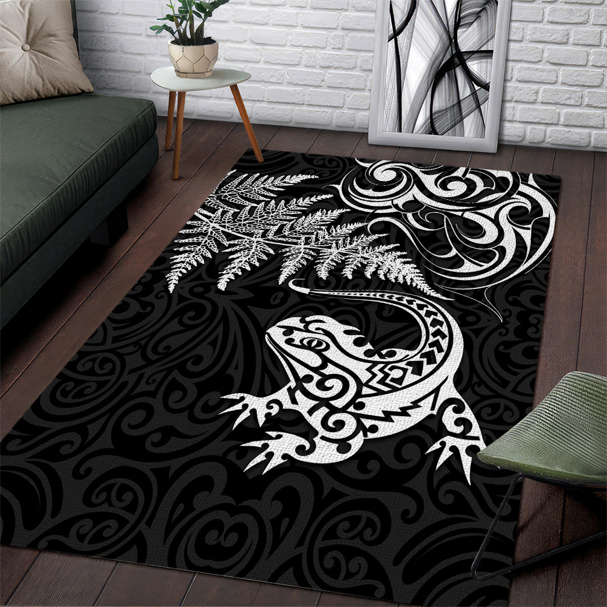 New Zealand Tuatara Tribal Tattoo Area Rug Silver Fern and Maori Pattern Black Color LT03 Black - Polynesian Pride