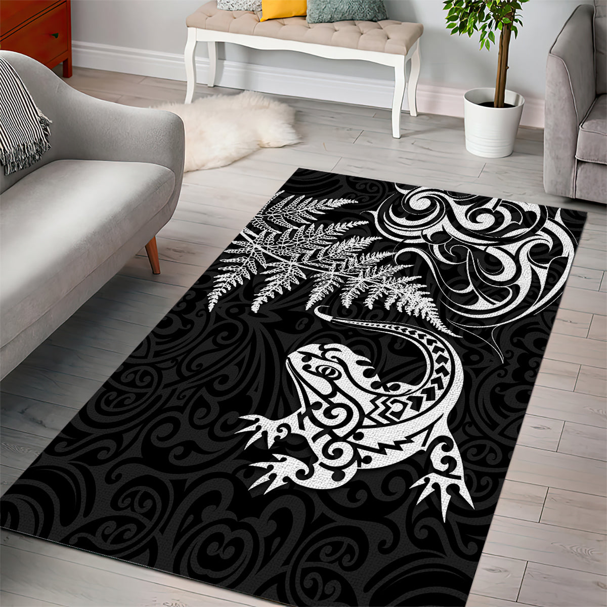 New Zealand Tuatara Tribal Tattoo Area Rug Silver Fern and Maori Pattern Black Color LT03 - Polynesian Pride