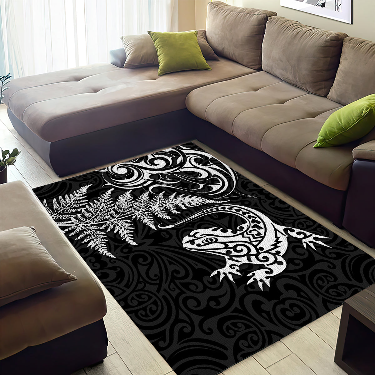 New Zealand Tuatara Tribal Tattoo Area Rug Silver Fern and Maori Pattern Black Color LT03 - Polynesian Pride