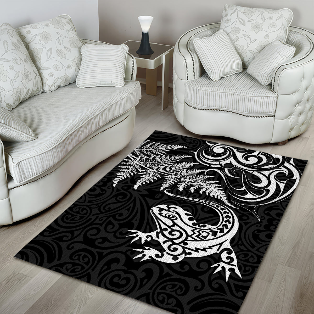 New Zealand Tuatara Tribal Tattoo Area Rug Silver Fern and Maori Pattern Black Color LT03 - Polynesian Pride