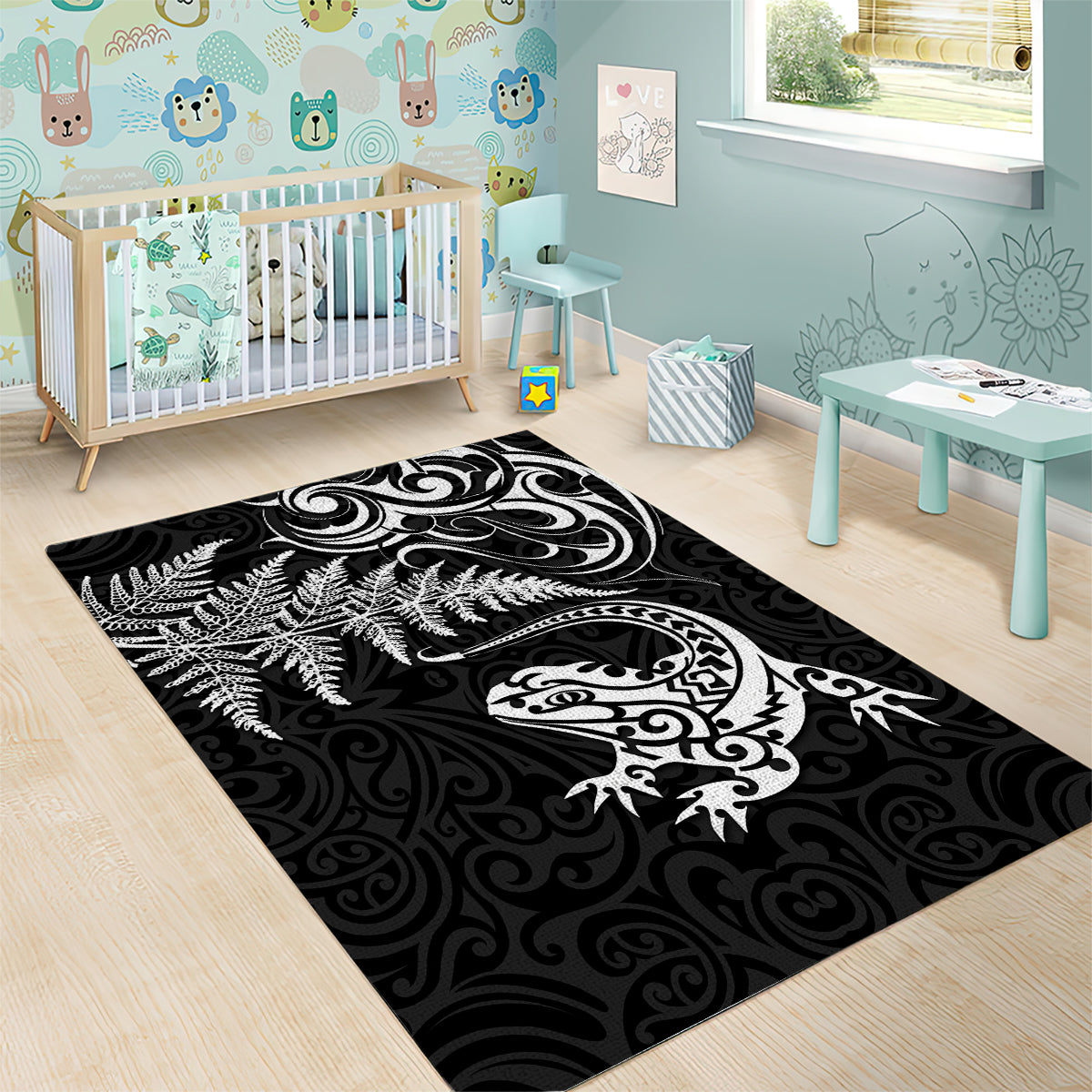 New Zealand Tuatara Tribal Tattoo Area Rug Silver Fern and Maori Pattern Black Color LT03 - Polynesian Pride