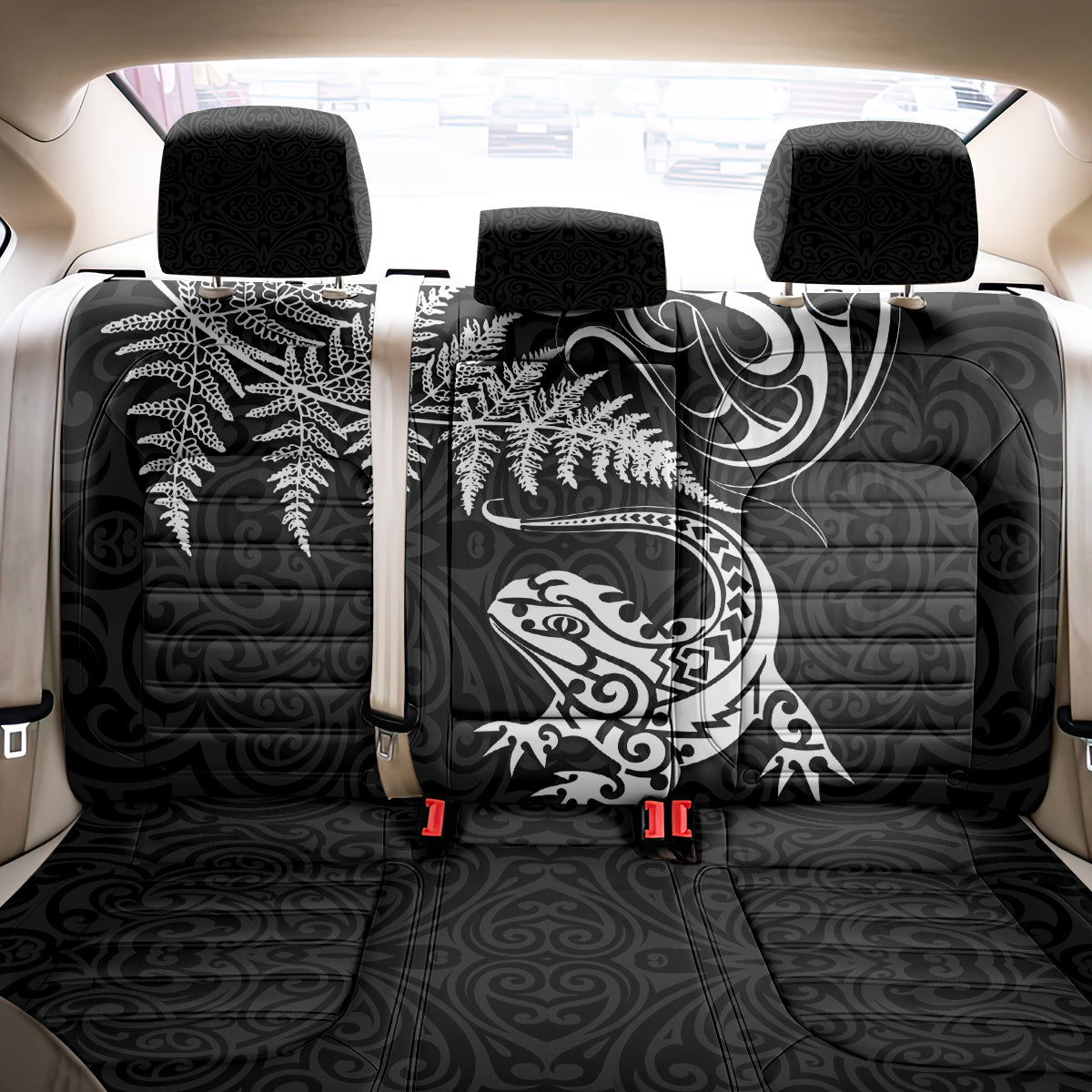 New Zealand Tuatara Tribal Tattoo Back Car Seat Cover Silver Fern and Maori Pattern Black Color LT03 - Polynesian Pride