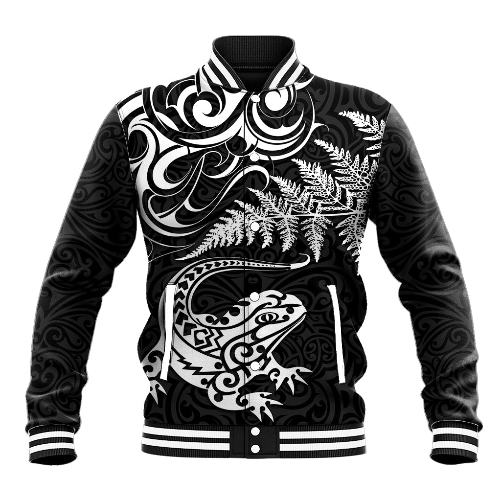 New Zealand Tuatara Tribal Tattoo Baseball Jacket Silver Fern and Maori Pattern Black Color LT03 Unisex Black - Polynesian Pride