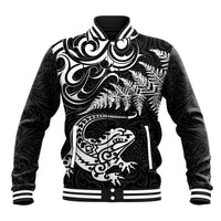 New Zealand Tuatara Tribal Tattoo Baseball Jacket Silver Fern and Maori Pattern Black Color LT03 Unisex Black - Polynesian Pride