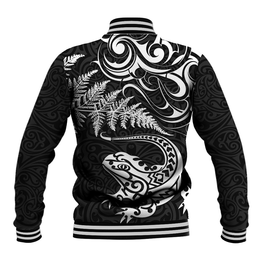 New Zealand Tuatara Tribal Tattoo Baseball Jacket Silver Fern and Maori Pattern Black Color LT03 - Polynesian Pride