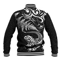 New Zealand Tuatara Tribal Tattoo Baseball Jacket Silver Fern and Maori Pattern Black Color LT03 - Polynesian Pride