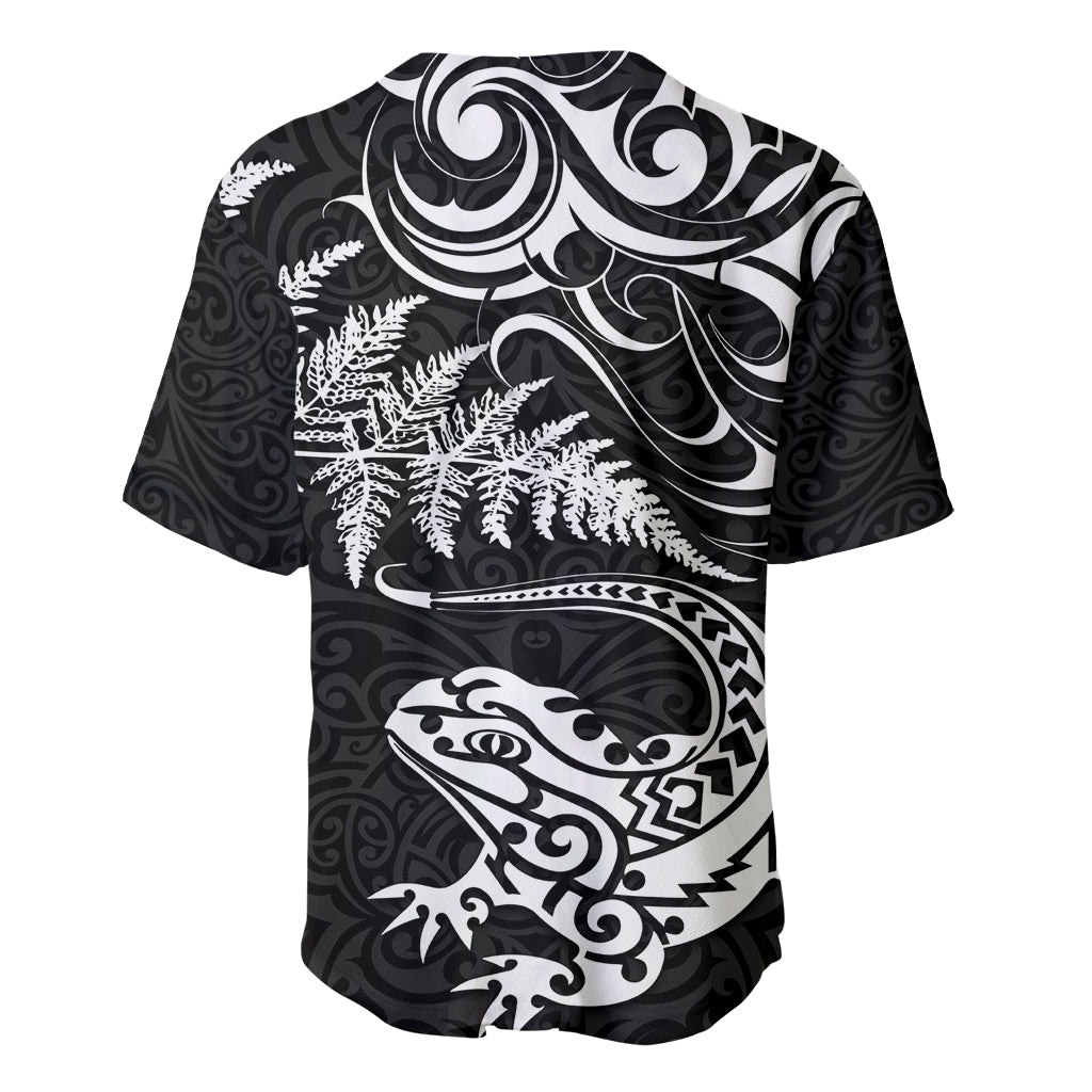 New Zealand Tuatara Tribal Tattoo Baseball Jersey Silver Fern and Maori Pattern Black Color LT03 - Polynesian Pride