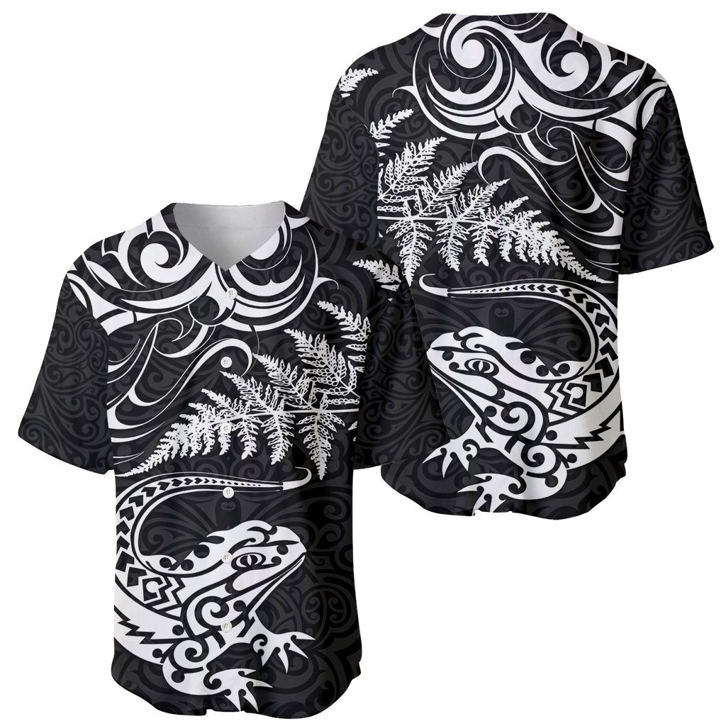 New Zealand Tuatara Tribal Tattoo Baseball Jersey Silver Fern and Maori Pattern Black Color LT03 - Polynesian Pride