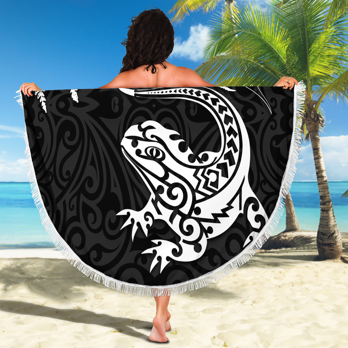 New Zealand Tuatara Tribal Tattoo Beach Blanket Silver Fern and Maori Pattern Black Color LT03 - Polynesian Pride