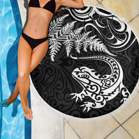 New Zealand Tuatara Tribal Tattoo Beach Blanket Silver Fern and Maori Pattern Black Color LT03 - Polynesian Pride