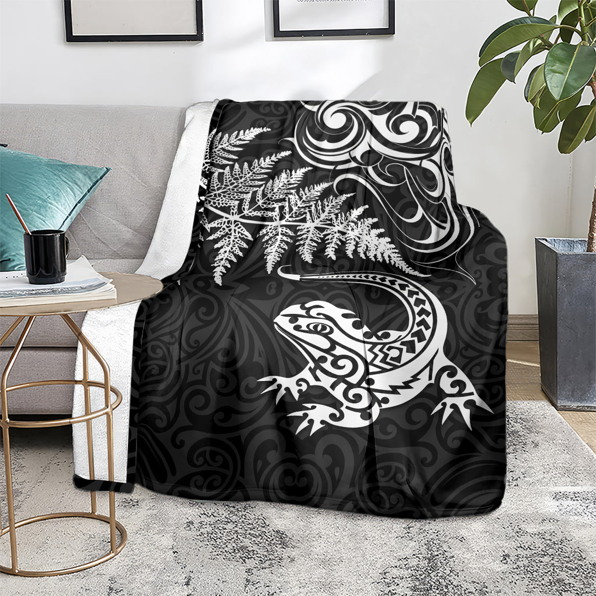 New Zealand Tuatara Tribal Tattoo Blanket Silver Fern and Maori Pattern Black Color LT03 - Polynesian Pride