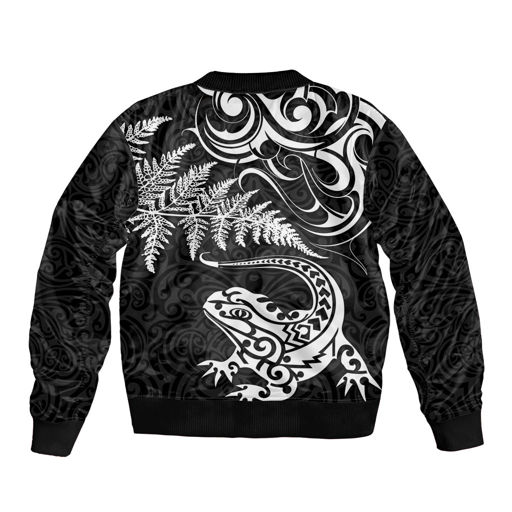 New Zealand Tuatara Tribal Tattoo Bomber Jacket Silver Fern and Maori Pattern Black Color LT03 - Polynesian Pride