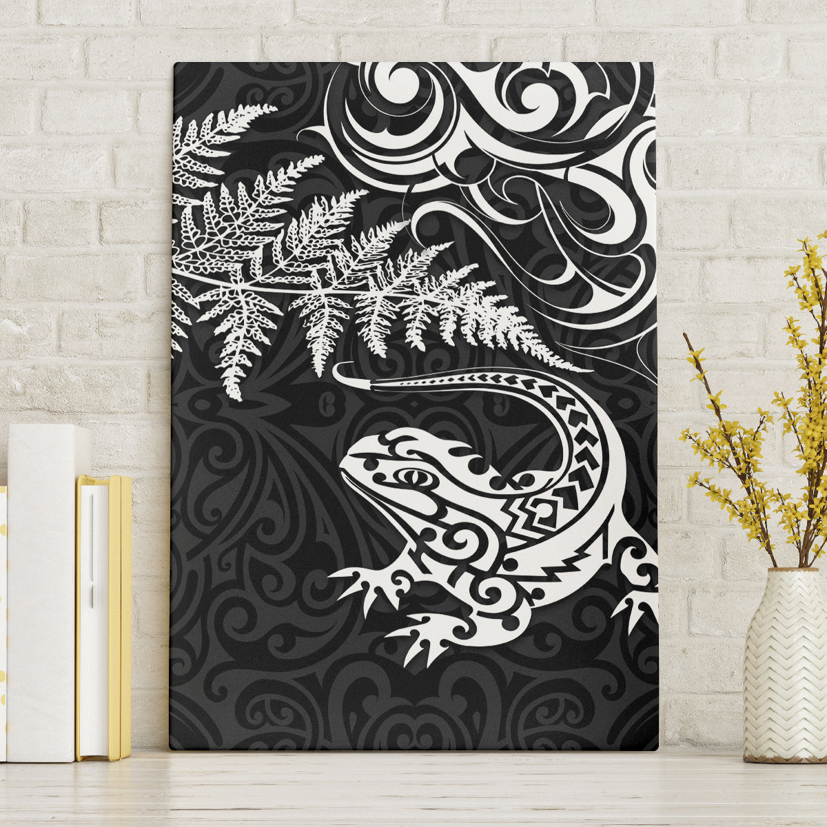 New Zealand Tuatara Tribal Tattoo Canvas Wall Art Silver Fern and Maori Pattern Black Color LT03 Without Frame Black - Polynesian Pride