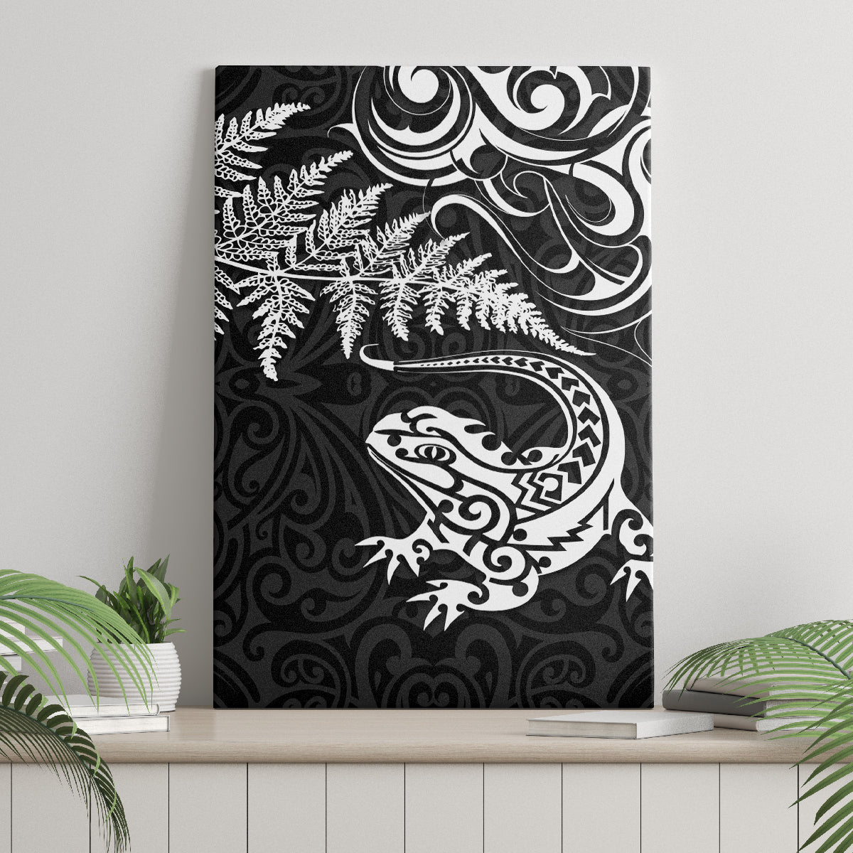 New Zealand Tuatara Tribal Tattoo Canvas Wall Art Silver Fern and Maori Pattern Black Color LT03 - Polynesian Pride
