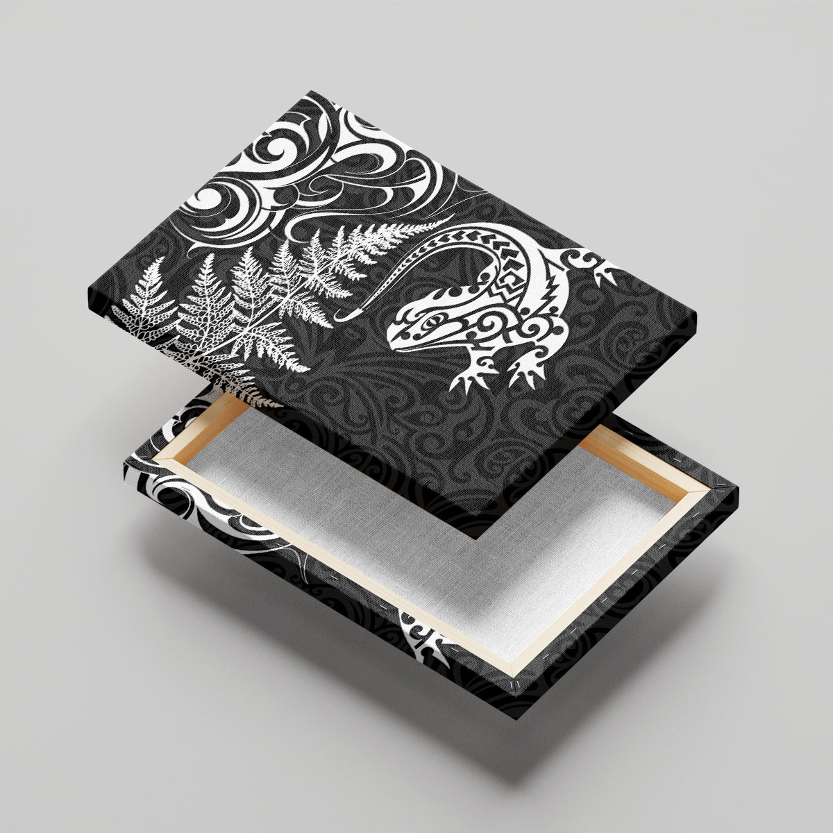 New Zealand Tuatara Tribal Tattoo Canvas Wall Art Silver Fern and Maori Pattern Black Color LT03 - Polynesian Pride
