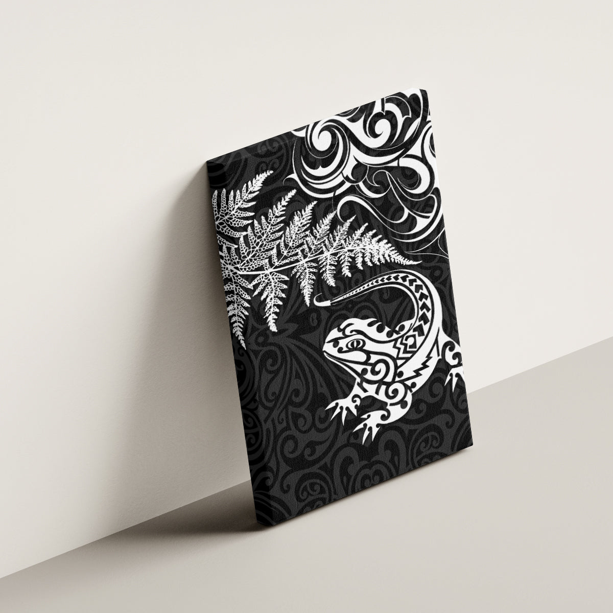 New Zealand Tuatara Tribal Tattoo Canvas Wall Art Silver Fern and Maori Pattern Black Color LT03 - Polynesian Pride