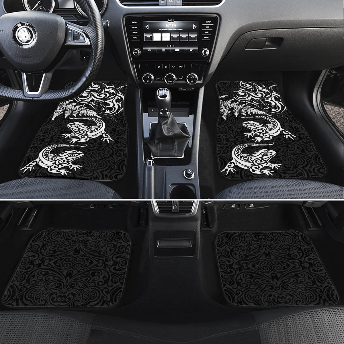 New Zealand Tuatara Tribal Tattoo Car Mats Silver Fern and Maori Pattern Black Color LT03 Set 4pcs Black - Polynesian Pride
